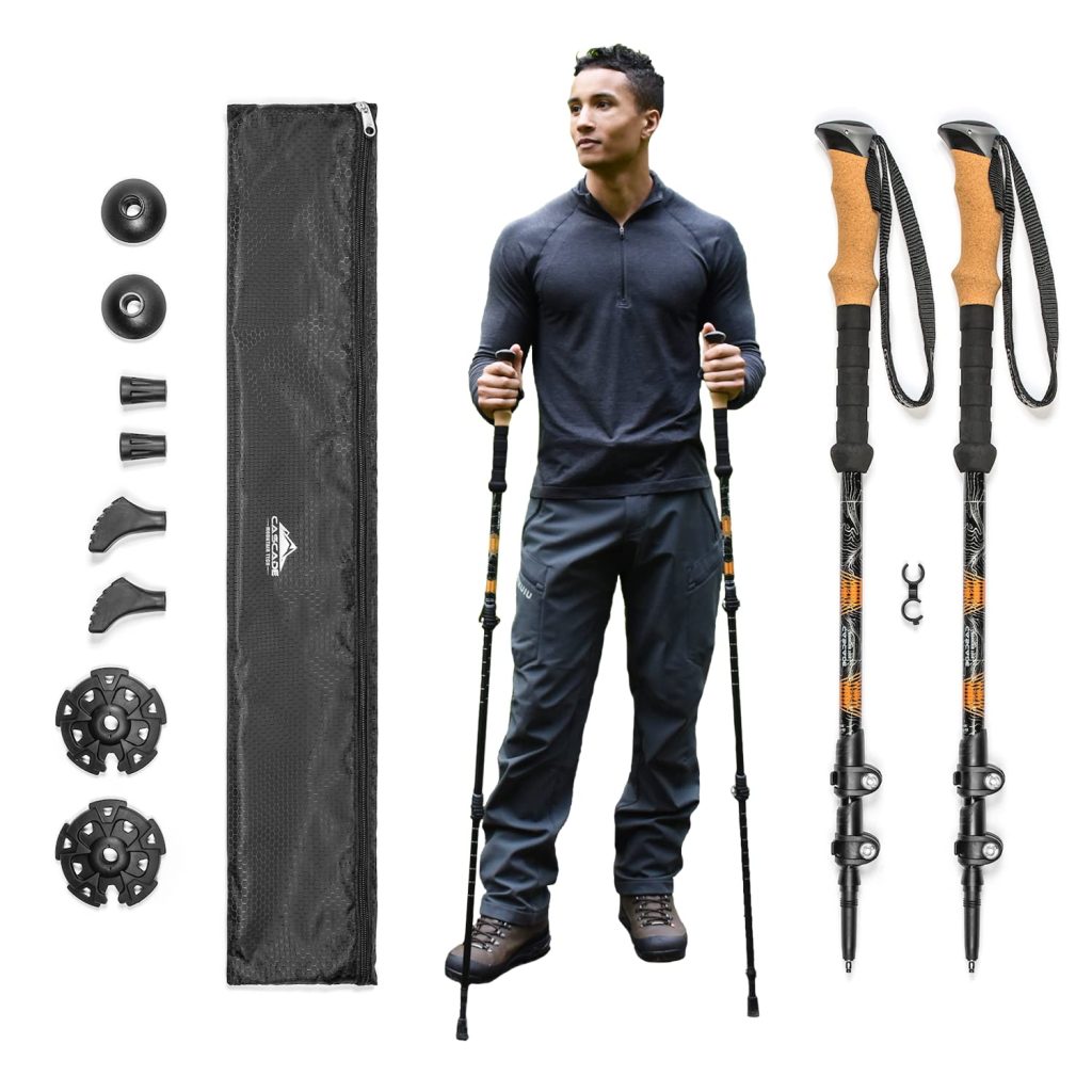 Cascade Mountain Tech Lightweight Aircraft-Grade Aluminum Trekking Poles with Extended Down Grip Plus Tip Kit Orange (Cork Grip) Quick Lock Trekking Poles